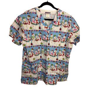 Christmas Snowman Print Scrub Top Uniform City L Cotton Blend
